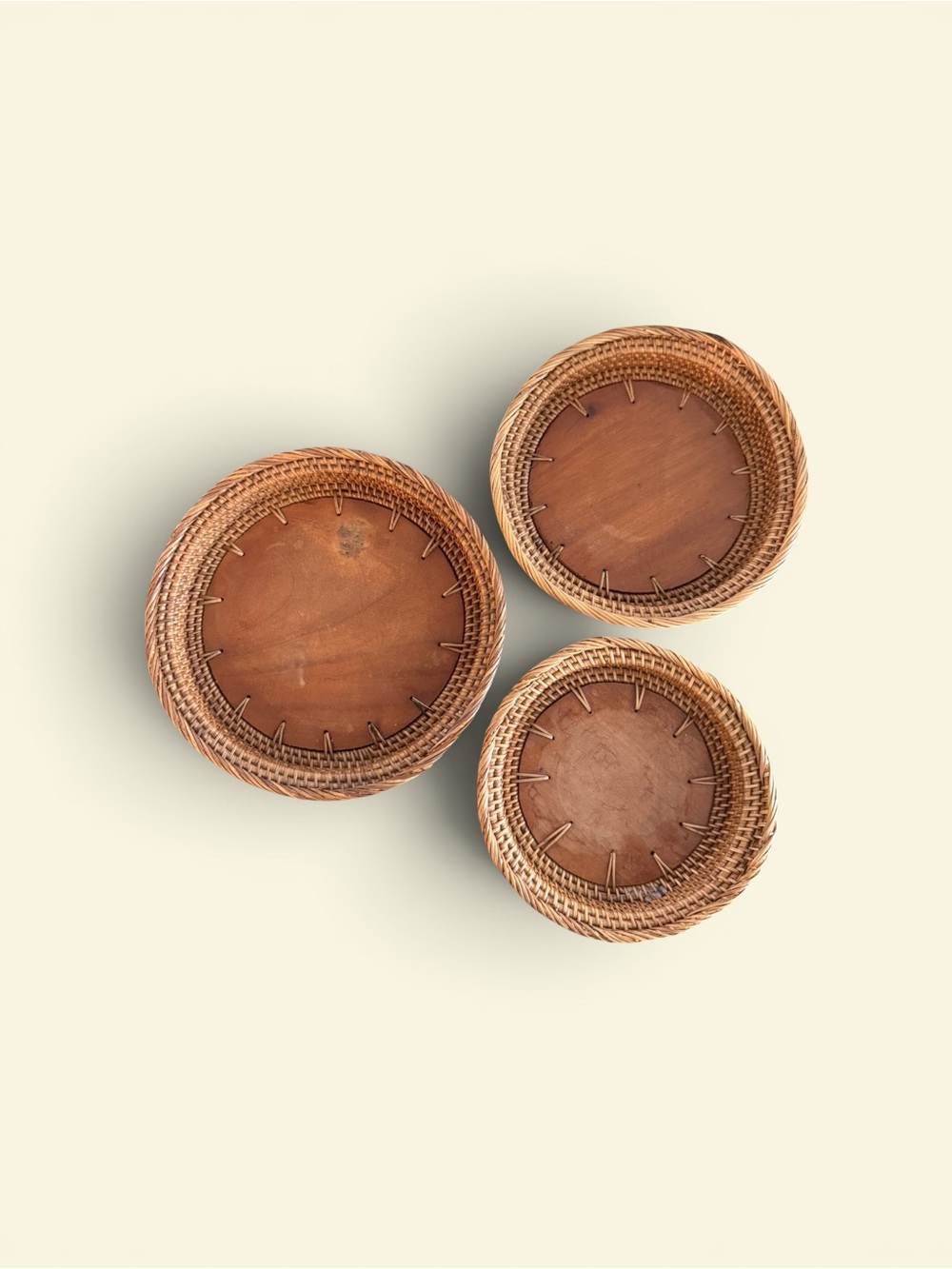 Vintage Boho Handwoven Rattan and Wood Nesting Trays Set of 3 - Unbranded